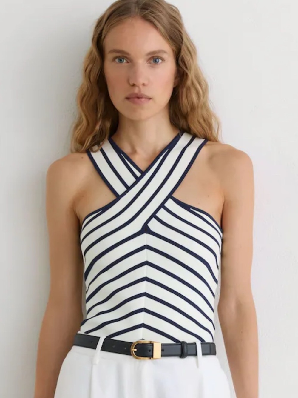 Striped Cross-Strap Knitted Vest in White/Navy